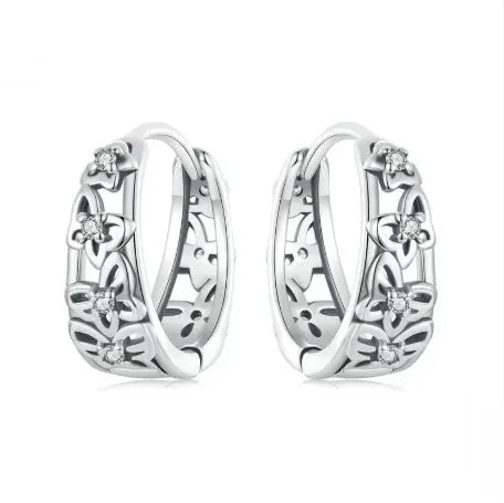 Hollow butterfly earrings in sterling silver with zircon detailing, 14mm height