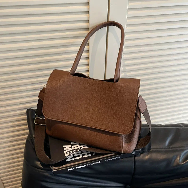 Horizontal square PU leather tote bag in vintage casual style with double shoulder straps.