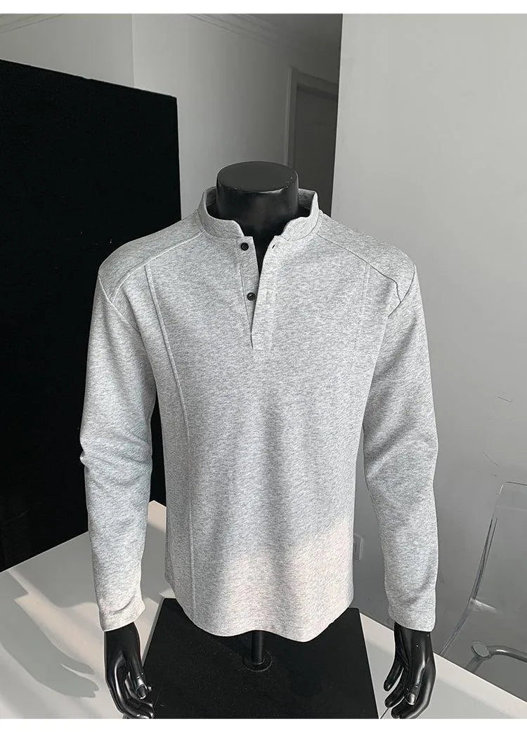 Men's polo shirt with stand-up collar and patchwork shoulder detail in loose fit