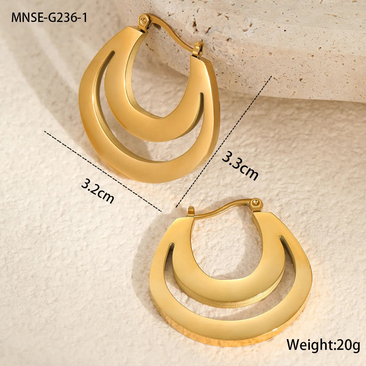 Geometric French earrings with round ring elements in 18K gold plated stainless steel, gold and steel colour options