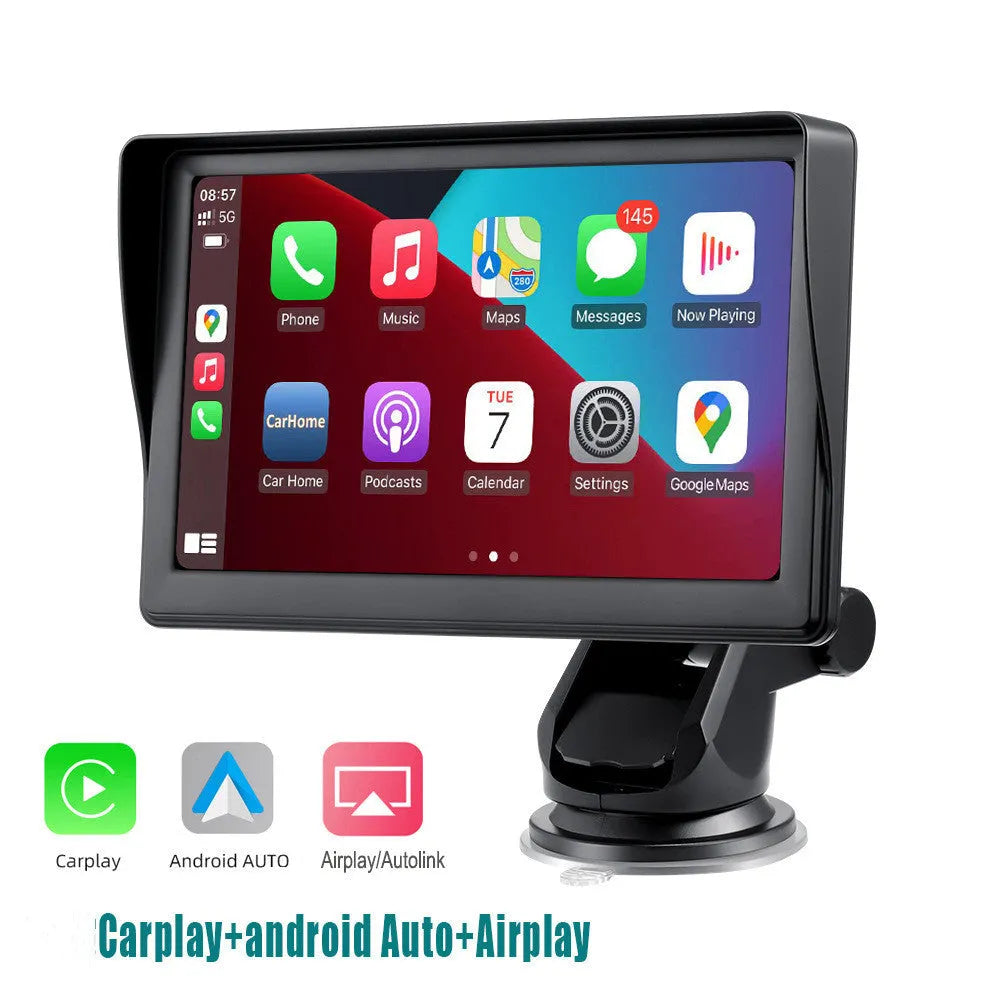 7-inch portable car smart display with retractable mount on a car dashboard showing navigation