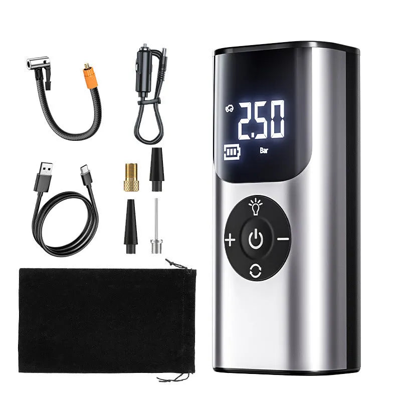 Car portable wireless tyre inflator 80W ABS air pump with pressure gauge and warning light in black