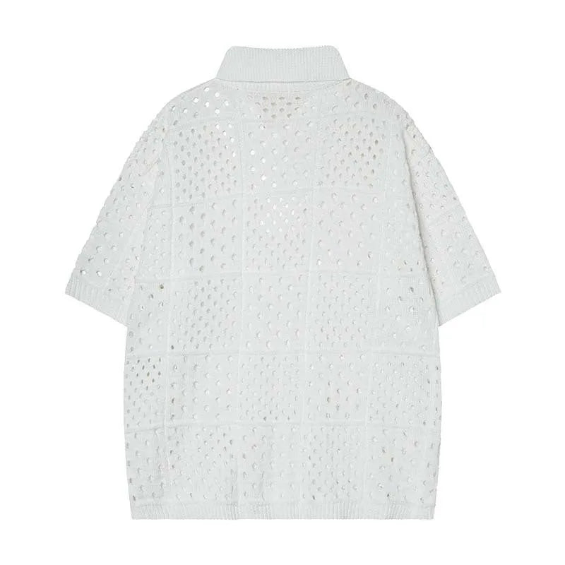 Solid colour short-sleeved polo shirt with loose fit design and hollow knit texture