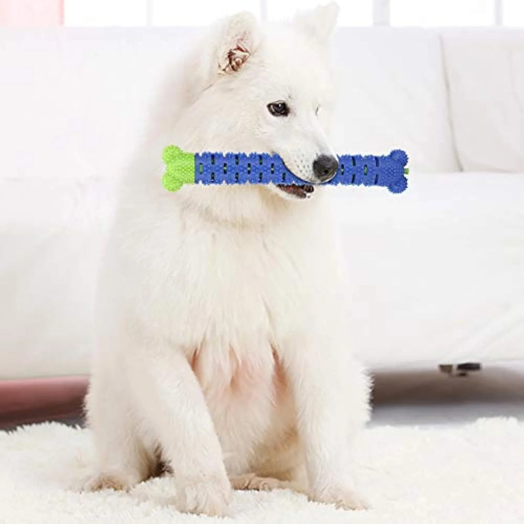 Blue green silicone dog dental toy with brush head design and massage nodules for teeth cleaning
