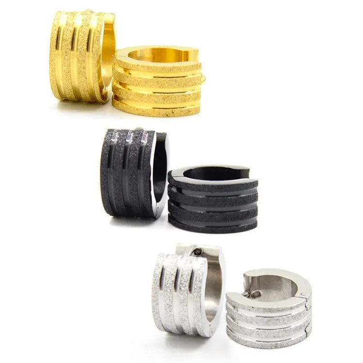 Korean style geometric pattern frosted titanium steel earrings in black, gold, and steel colour options