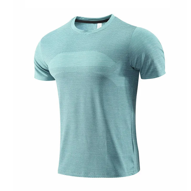 Short sleeve red sports t-shirt made from polyester spandex fabric for running and exercise.