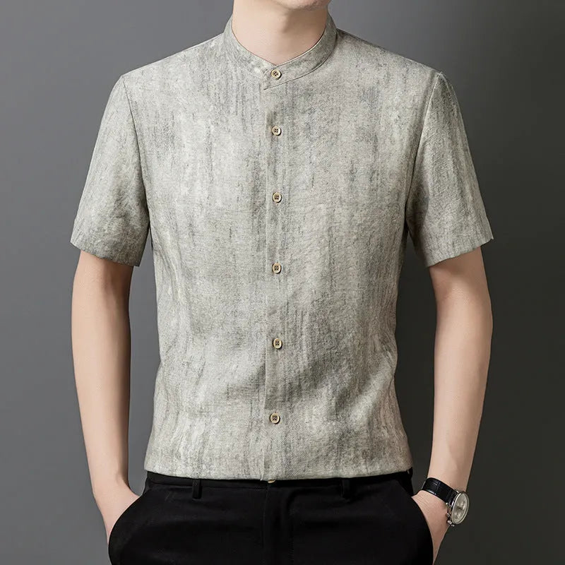 Men's linen-style loose cardigan shirt in solid colour with stand collar