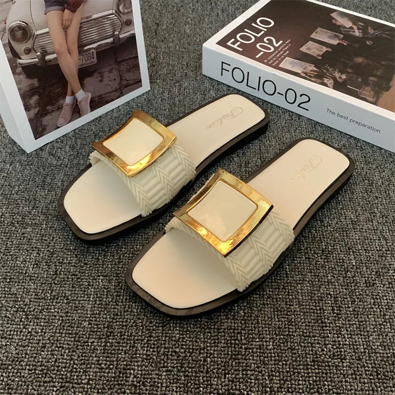 Women's casual summer flat slippers in apricot, black, or khaki with waterproof PVC soles