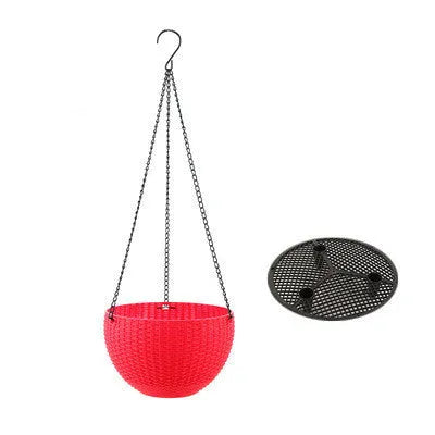 Plastic hanging basket with inner tank, 210mm diameter, with chain, shown in multiple colour options.