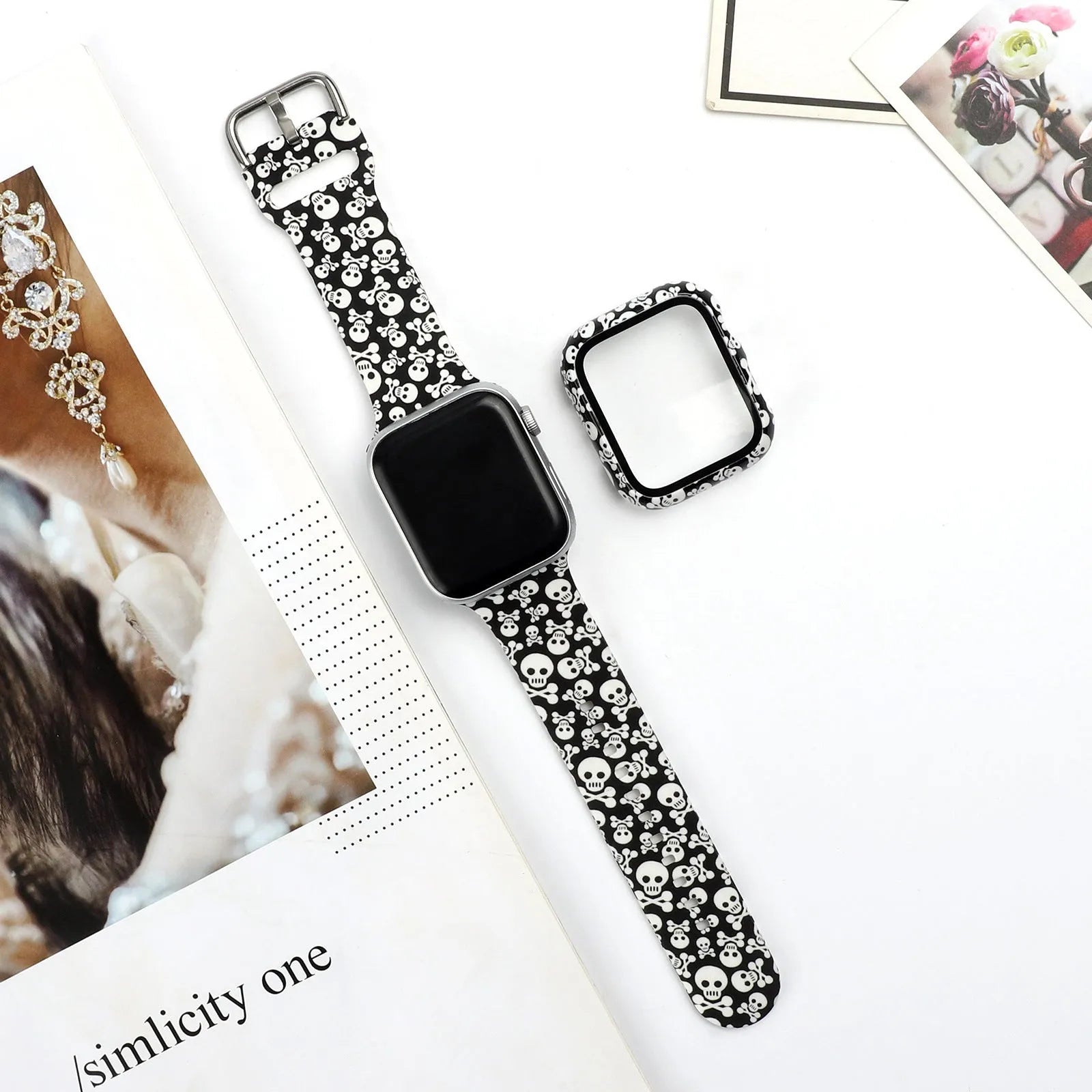 Printed silicone watch strap for Apple iWatch showing design options and size measurements