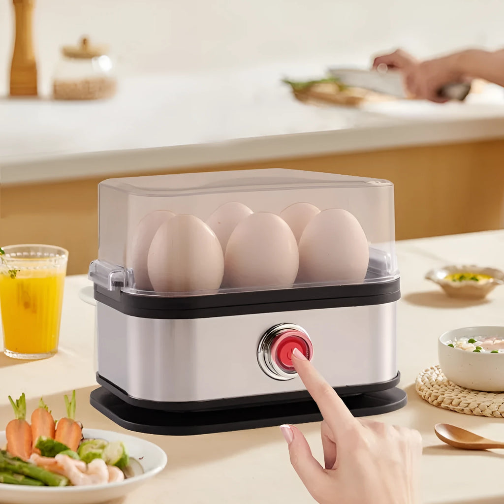 Small black stainless steel portable egg boiler with plug adapters on a countertop.