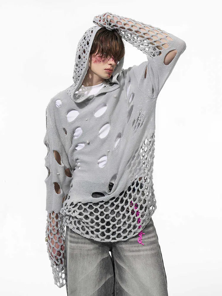 Black men's hoodie with pearl decorative trim and hollow knit construction