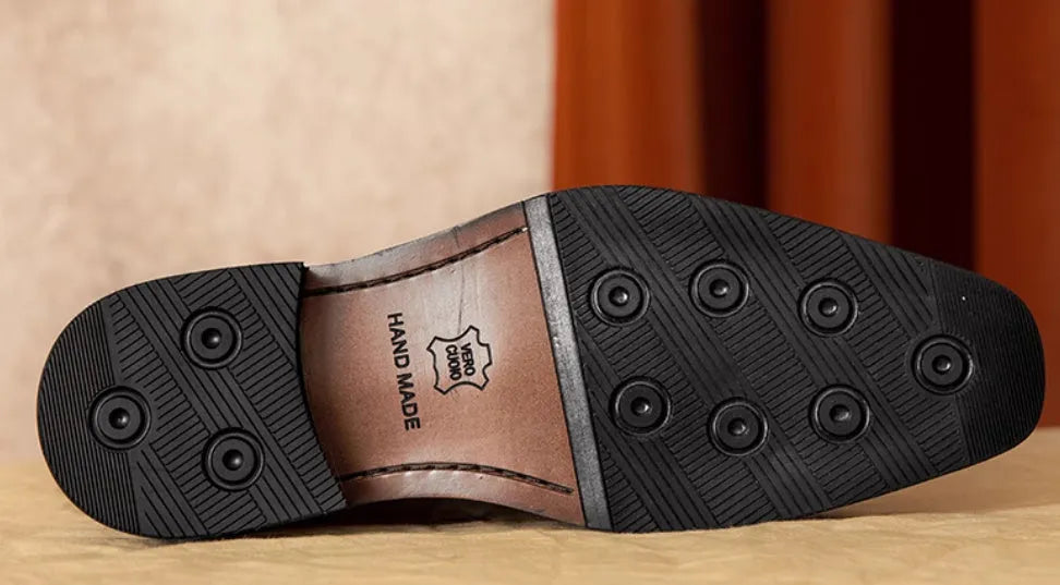 Men's black genuine leather slip-on loafers with rubber sole and pigskin lining