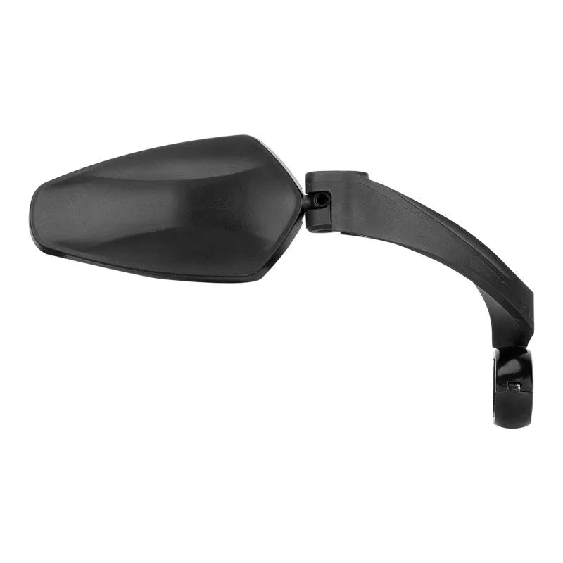 Black bicycle rearview mirror with wide 210mm acrylic lens mounted on a handlebar.