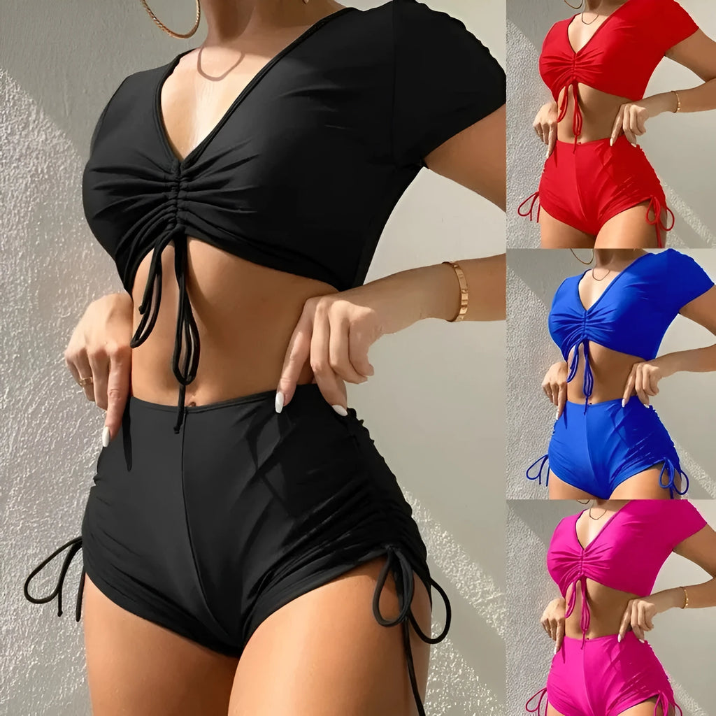 Lady's lace-up bow swimsuit set with separate top and shorts in dark green colour