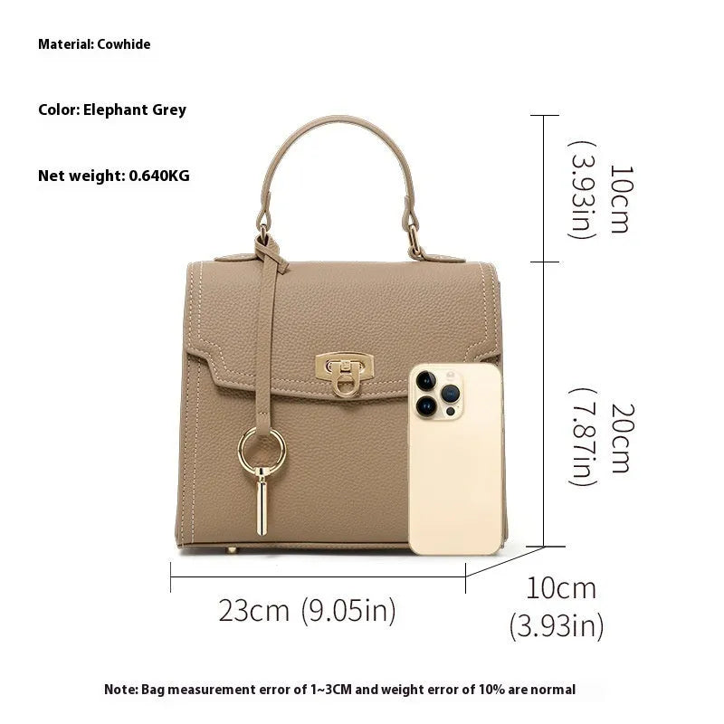 Elephant grey genuine leather vintage handbag with lock closure and square vertical design