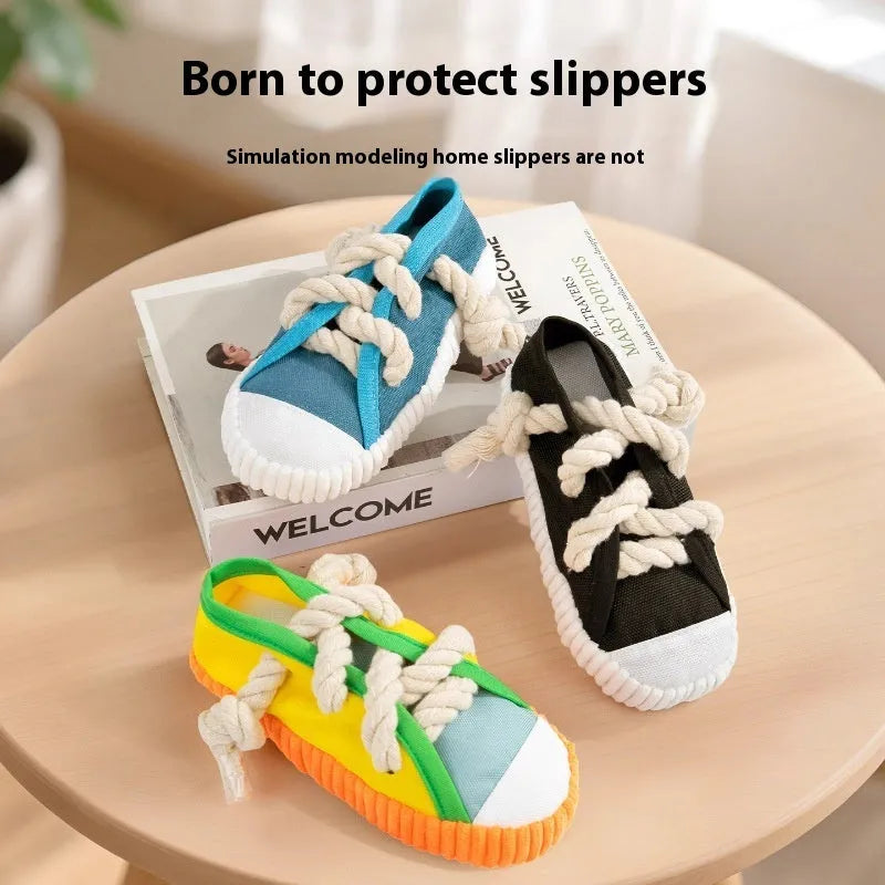 Dog sound slippers toy in plastic with squeaker for chewing relief