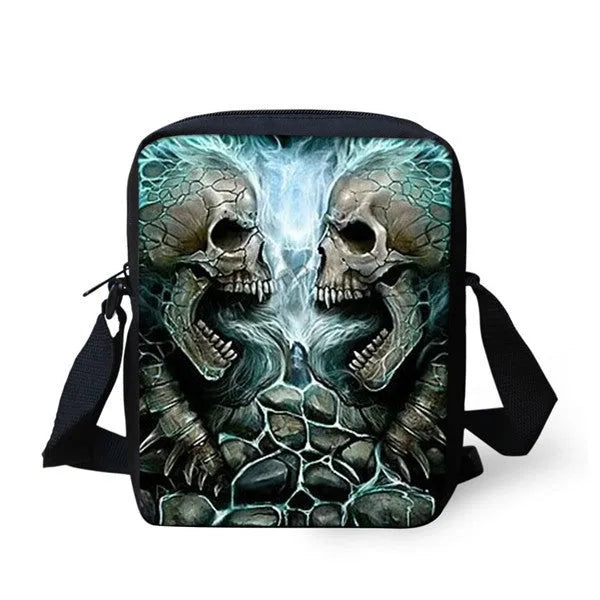 Skull print children's messenger bag with double shoulder straps and zipper opening