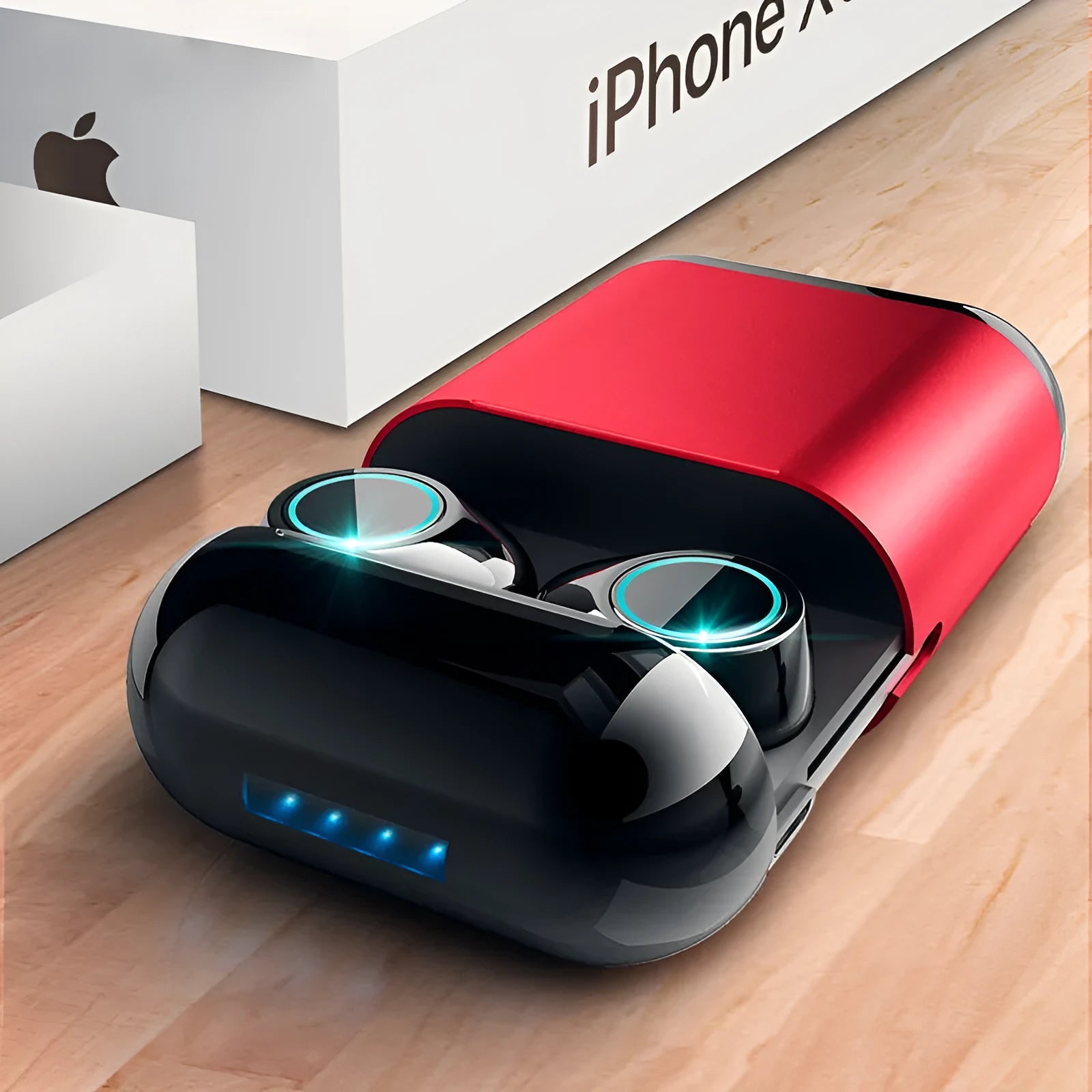 Black Bluetooth TWS wireless earbuds showing left and right independent earbuds