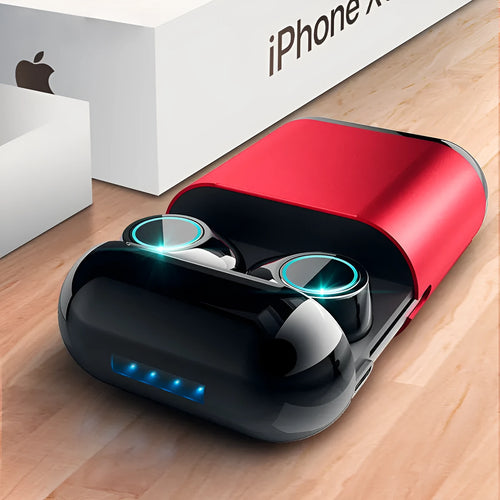 Black Bluetooth TWS wireless earbuds showing left and right independent earbuds