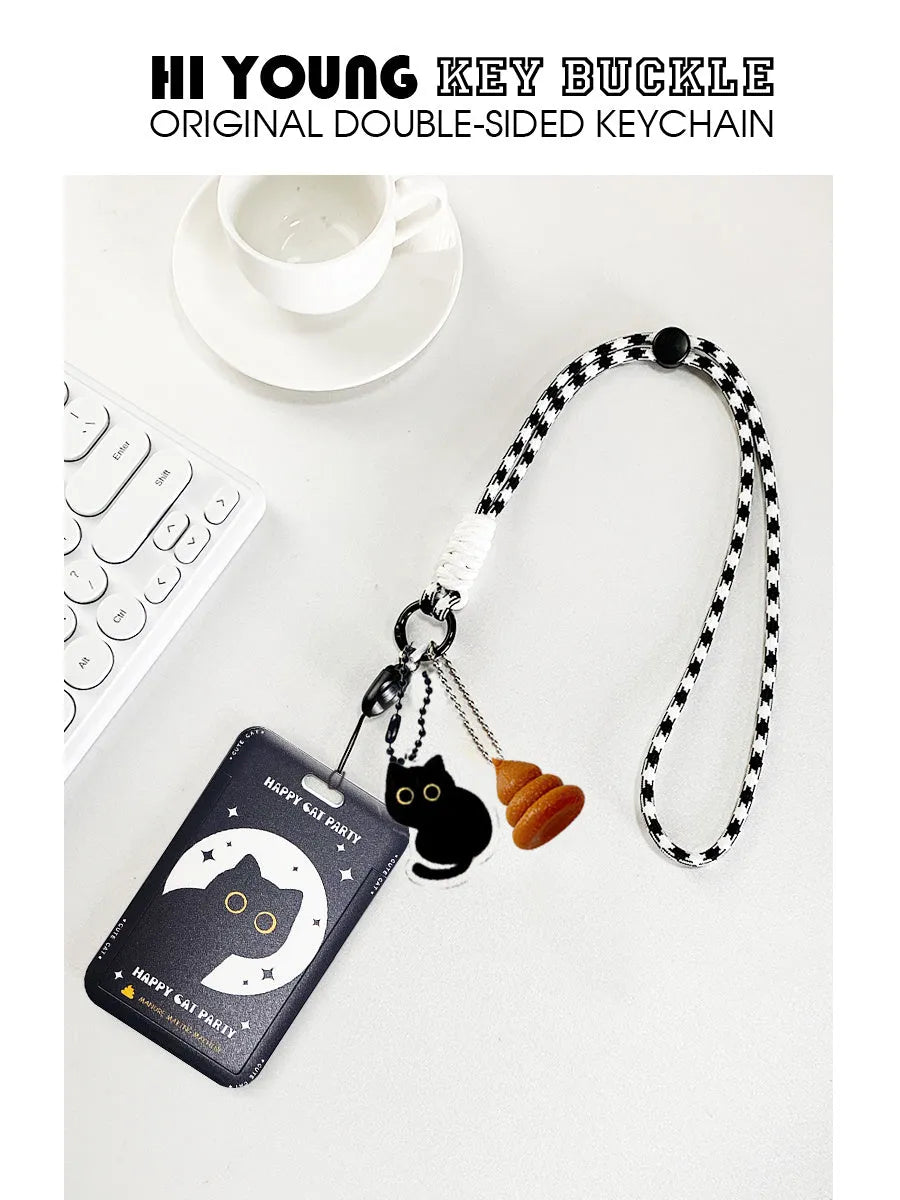Cute black cat cartoon plastic card holder with retractable clip and ferrule pendant.