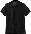 Men's black knitted short-sleeve shirt with jacquard texture and button cardigan design