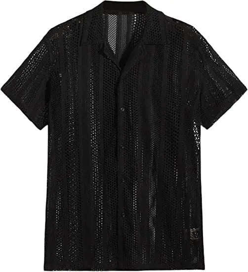 Men's black knitted short-sleeve shirt with jacquard texture and button cardigan design