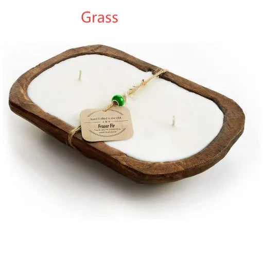 Retro lavender wooden basin containing a soy wax aromatherapy candle with a three-lamp wick.