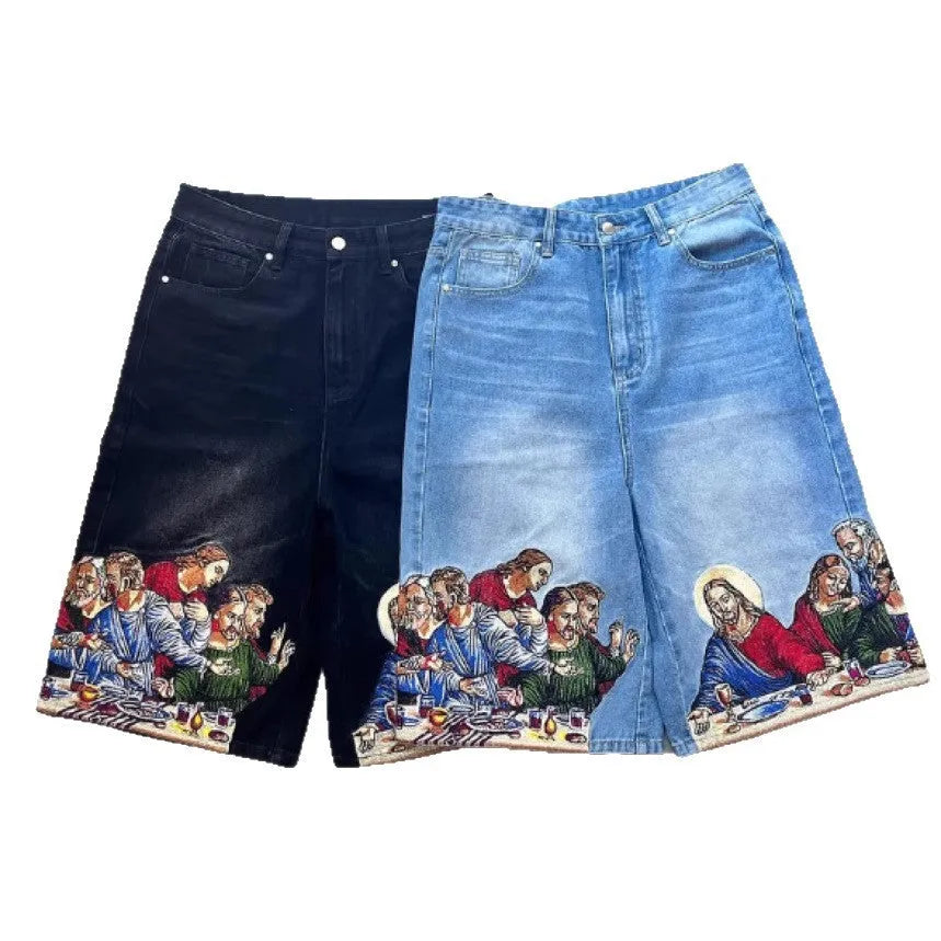 Men's cotton tapered shorts with Jesus printed back pocket detail in blue or black