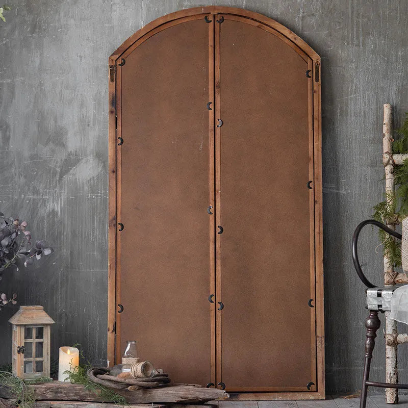 Terrace distressed fake window style wall mirror with log coloured wooden frame and glass