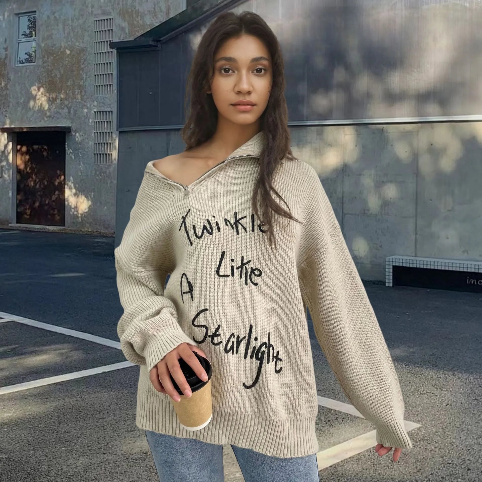 Women's retro alpaca wool pullover sweater with loose lapels and an oblique zipper in light khaki.