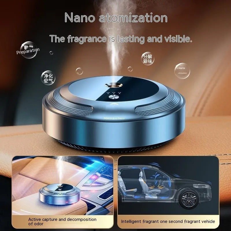 Automatic car air freshener diffuser with zinc alloy casing and three bottles of scent solution.