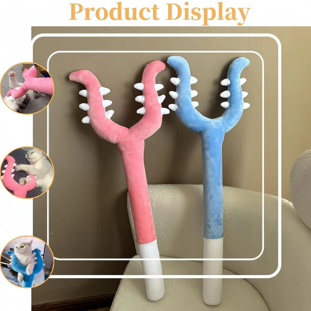 Blue and pink plush cat wand toy with a 70cm handle for interactive pet play.