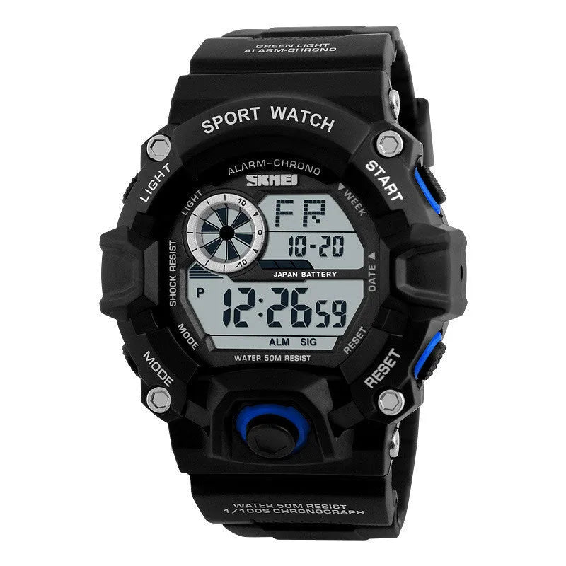 Waterproof electronic sports watch with round dial and plastic strap in camouflage green colour