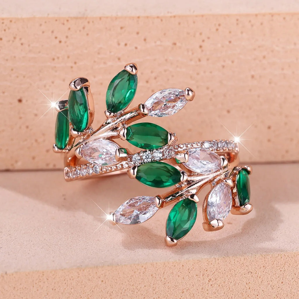 Adjustable copper leaf ring with horse eye zircon accents in multiple colour variations