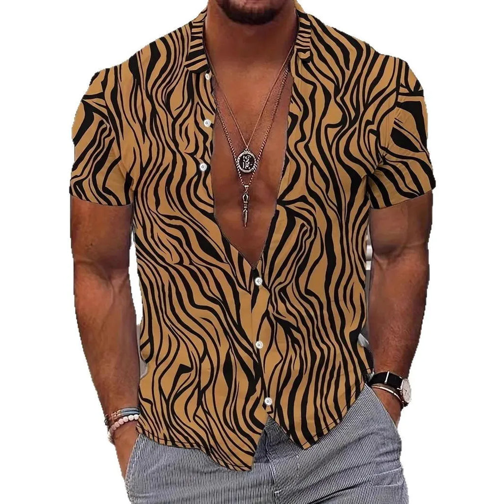 Men's geometric line print lapel short sleeve shirt in slim fit polyester