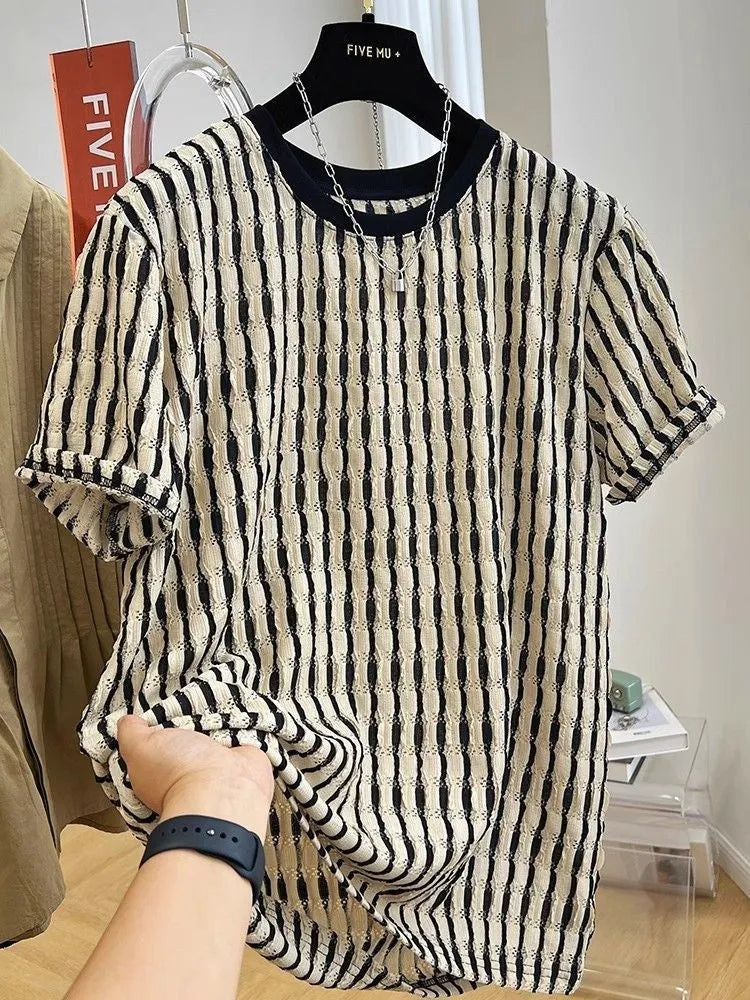 Men's black striped short sleeve shirt in loose silk-linen blend on hanger