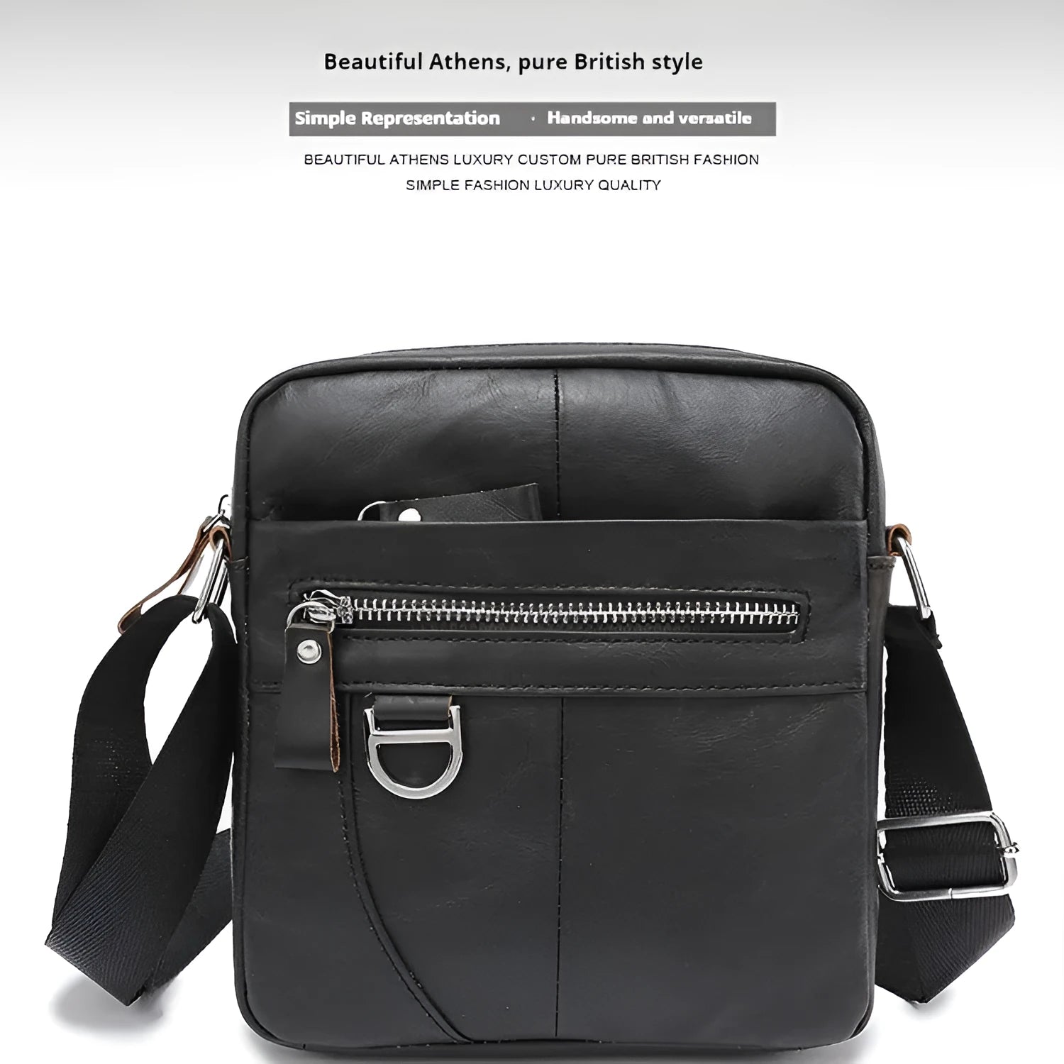 Genuine leather retro messenger bag 8 inch cowhide shoulder crossbody for men black solid colour