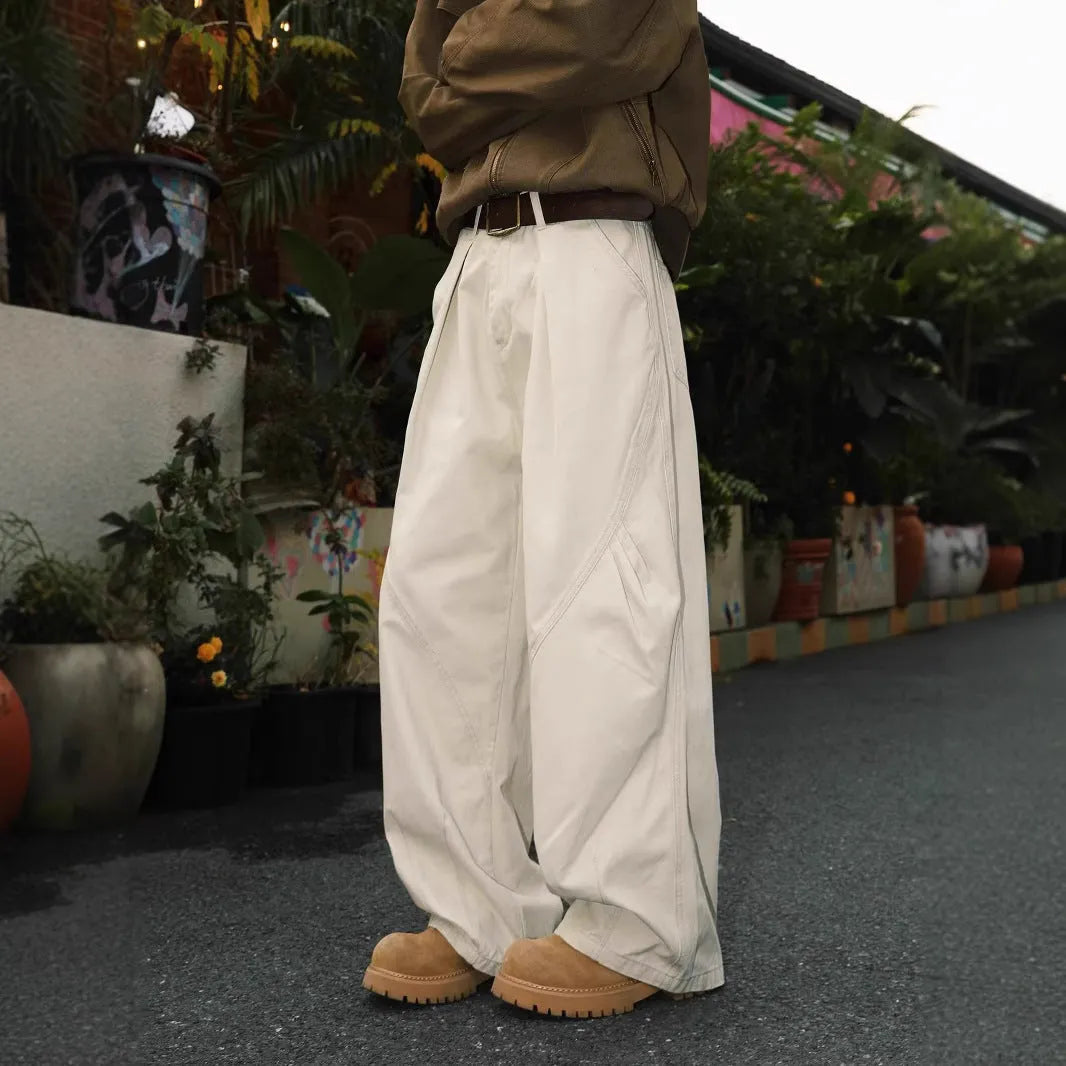 Men's striped pleated trousers with straight leg design in black, brown, or apricot colours