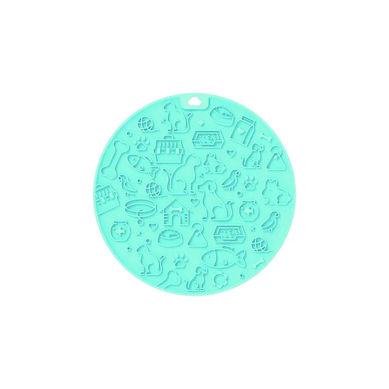 Round silicone pet licking mat with suction cup in blue, pink, grey, mint, or orange colour.