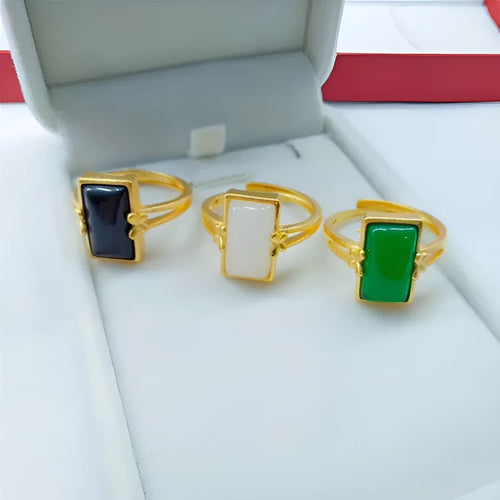 Adjustable brass gold-plated ring with artificial gemstones in black, green and white colour options