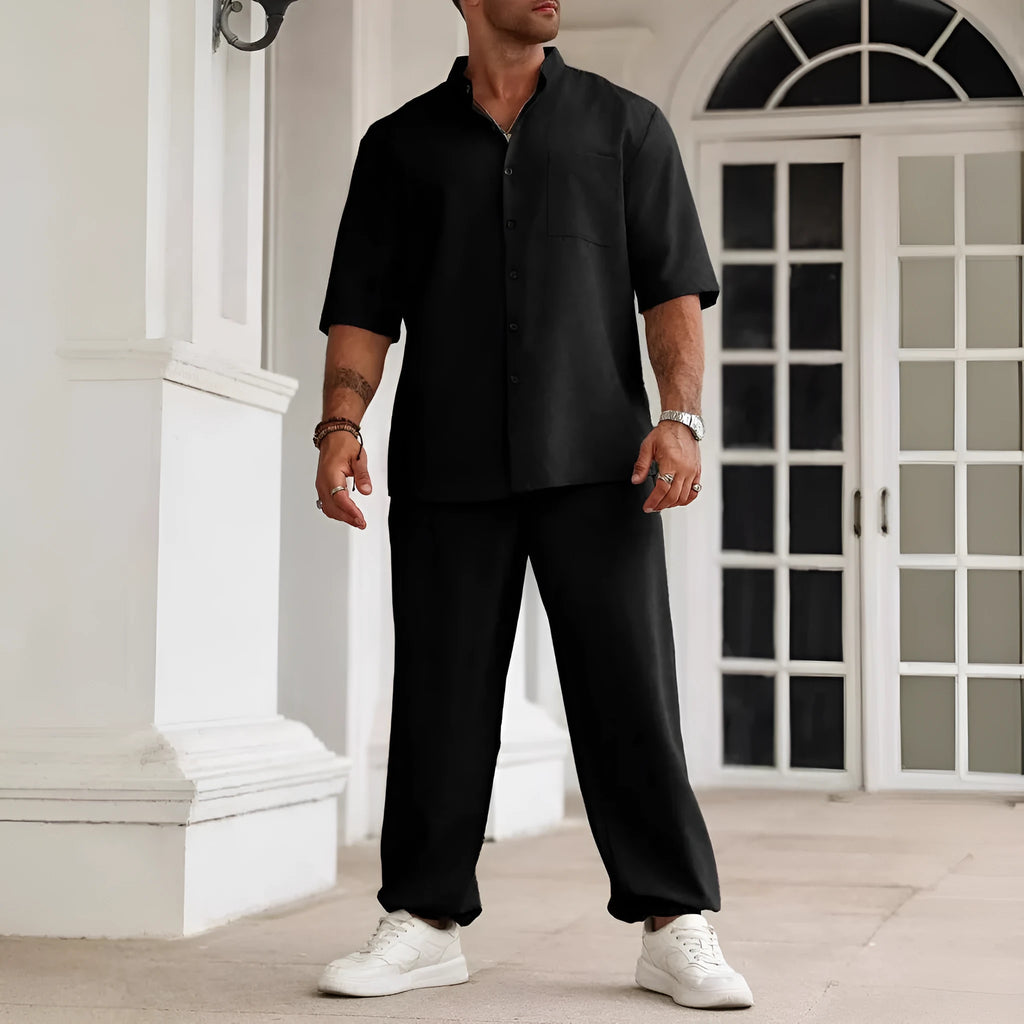 Men's linen cotton short sleeve button shirt with matching trousers casual set in three colours