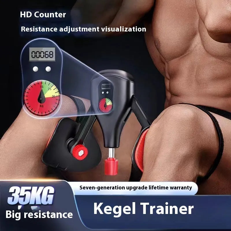 Men's black and grey Kegel trainer for PC muscle exercise with strap and handle attachment options.
