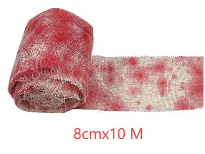 Red and white dyed bloody gauze bandage roll for Halloween costume horror prop decoration