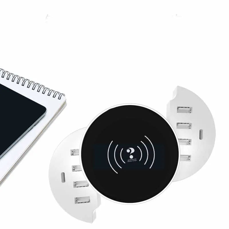Ceramic white circular wireless charger with multiple adapters and 1.5 metre cable