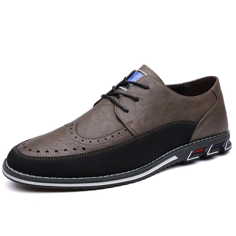 Men's leather slip-on shoes in black, grey, khaki and orange colours with rubber soles and low-top design