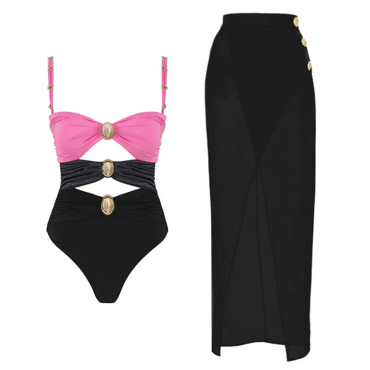 Women's solid colour one-piece swimsuit with gold buttons and a matching skirt in assorted colours