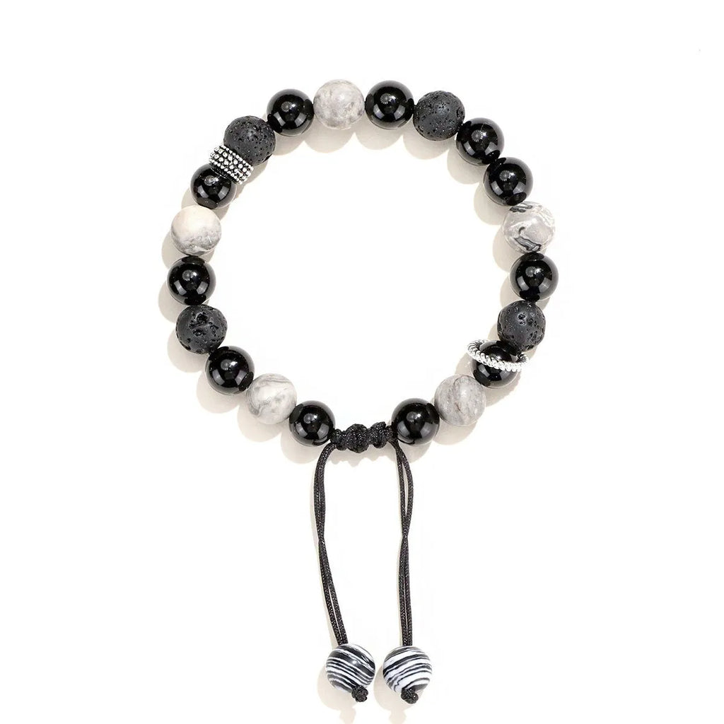 Black agate map stone volcanic rock bracelet with diamond design in 10mm and 8mm sizes