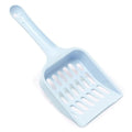 Plastic cat litter scoop in blue, green, or pink colours showing dimensions of 20cm length