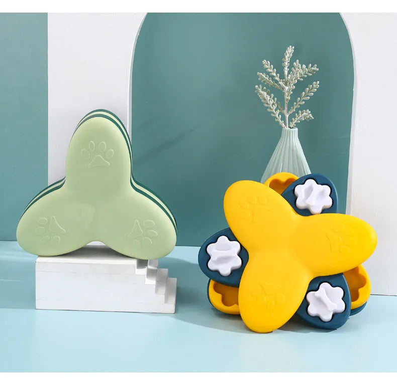 Green and yellow dog puzzle toy with nine bone-shaped covers on a non-slip base.